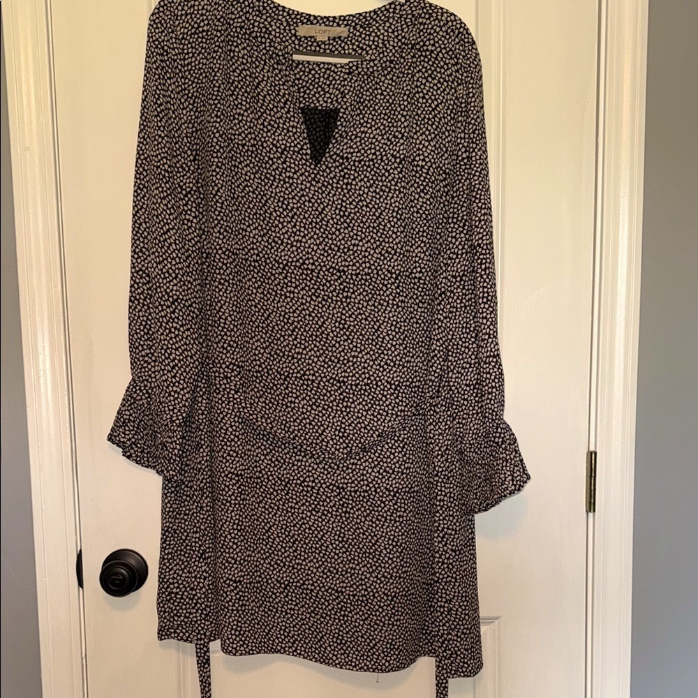 LOFT Gray Bishop Sleeve V-Neck Dress